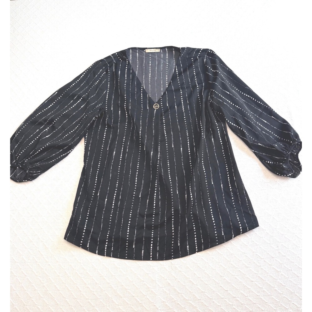 Bebonnie Womens Black White Striped V-Neck Balloon Sleeve Blouse Large